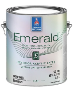 A can of Emerald paint, an exterior acrylic-latex paint option offered by Sherwin-Williams