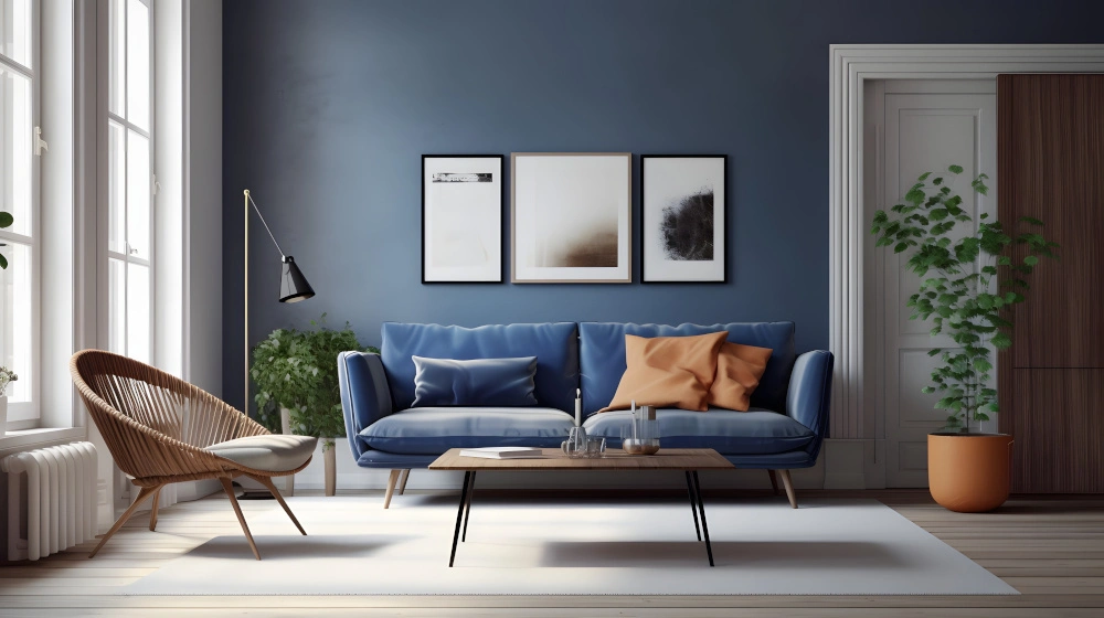 Fashionably decorated interior of a home painted blue with a blue couch and house plants