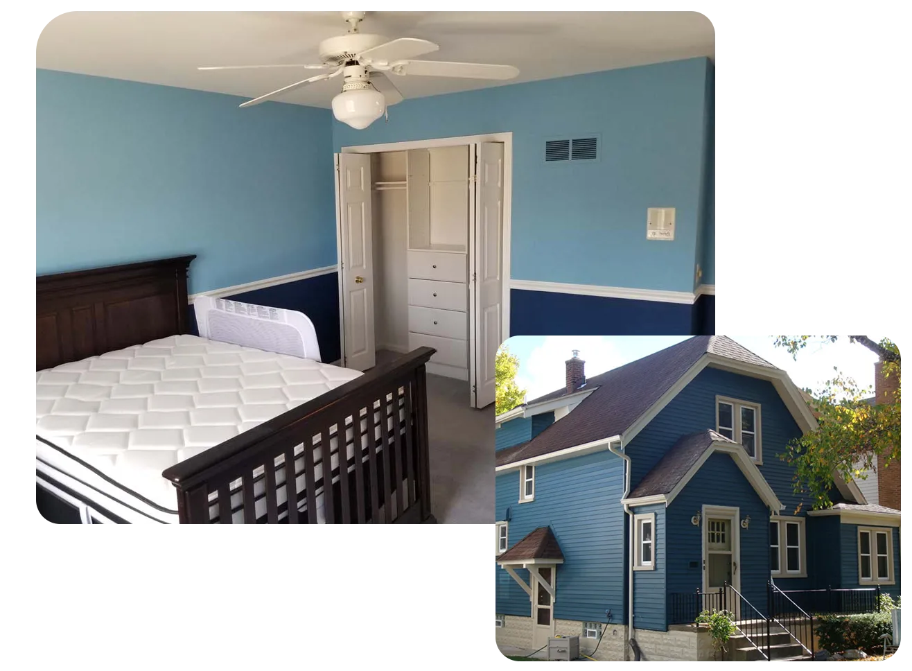 Interior and exterior view of a home painted blue