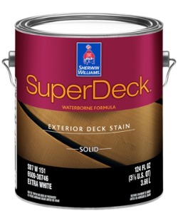 A pail of Sherwin Williams' SuperDeck Exterior WaterBorne Solid Color deck stain