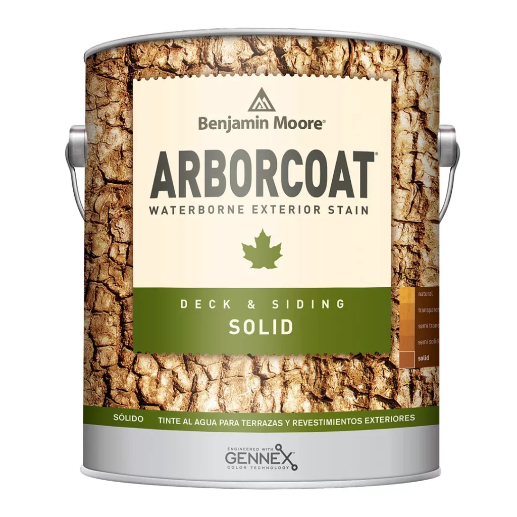 A pail of Benjamin Moore's ARBORCOAT Waterborne Exterior deck stain